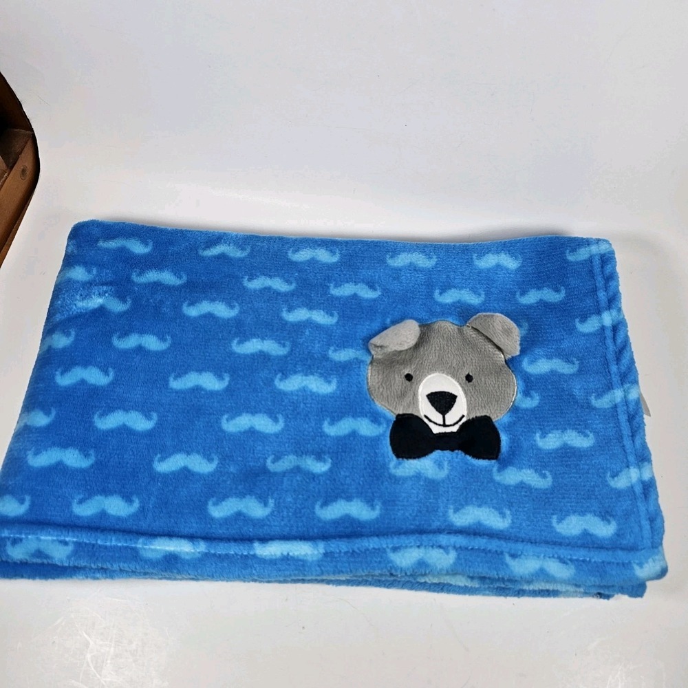Le Bebe Favorite Blue Gray Teddy Bear Baby Blanket Mustache Bow Tie Lovey